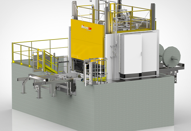 Vue d'angle 3D d'une machine de nettoyage pour essieux de train
