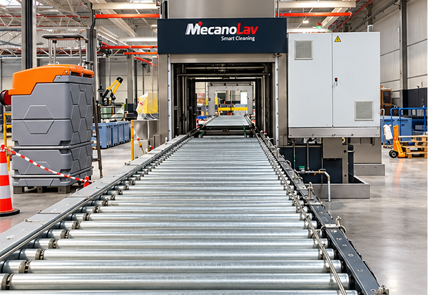 Máquina de limpieza MecanoLav en línea con transportador de rodillos para la carga de piezas de automóvil