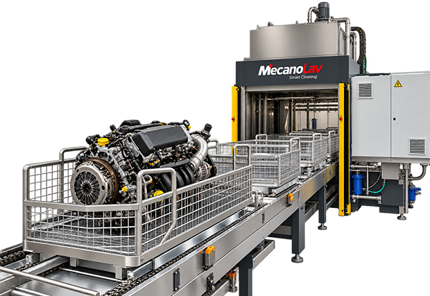 Máquina de limpieza MecanoLav con transportador y cesta cargada con un motor de automóvil por limpiar